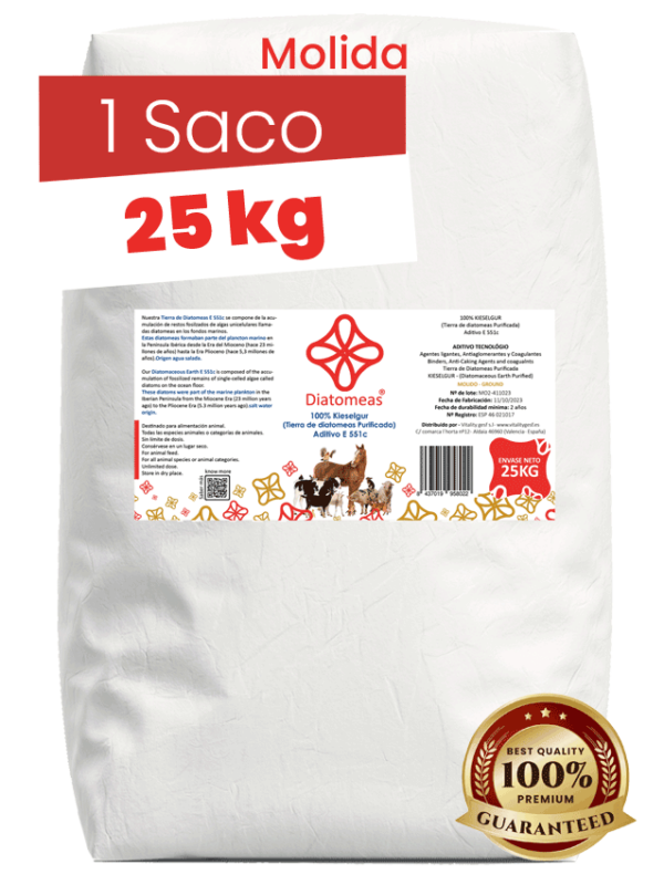Terra Di Diatomee Diatomeas® – 25 Kg, Grado Alimentare E551c – 100% Naturale, Non Calcinate – Per Animali Domestici – Con Dosatore Incluso